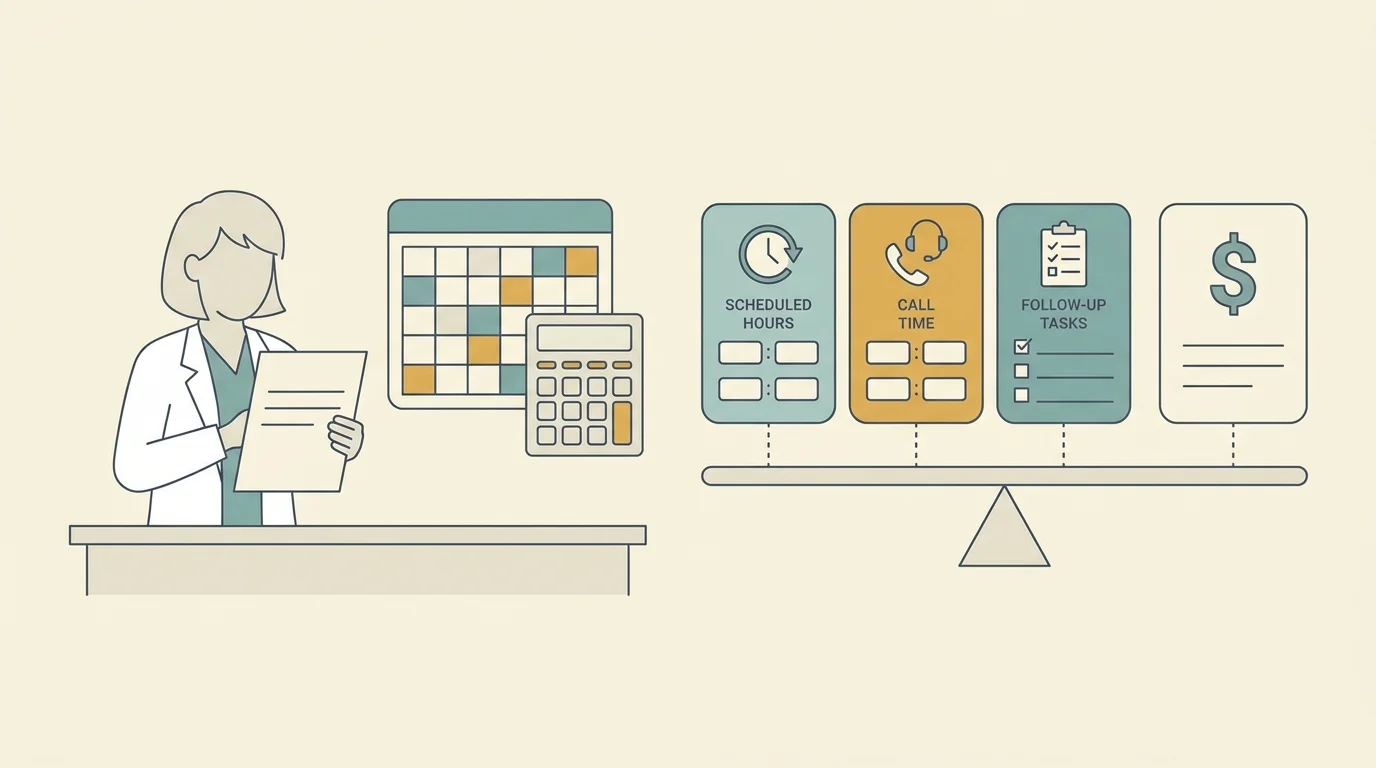 A PA reviews a job offer beside a shift calendar and calculator, weighing compensation against scheduled hours, call obligations, and follow-up work.