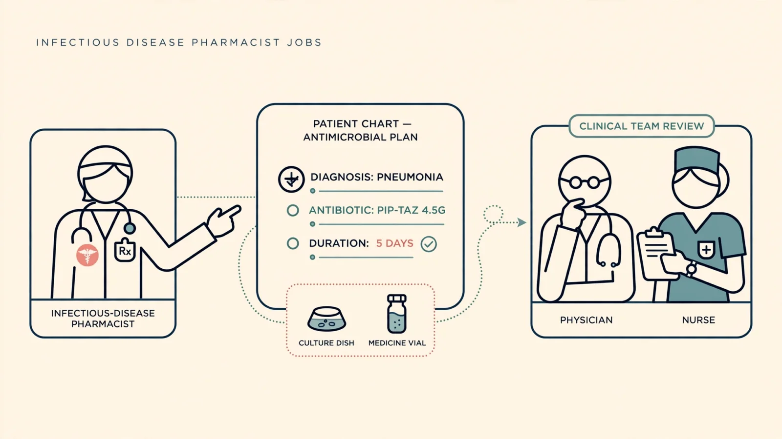 An infectious-disease pharmacist joining hospital rounds and reviewing an antimicrobial plan with physicians and other clinicians, showing the collaborative nature of direct patient care.