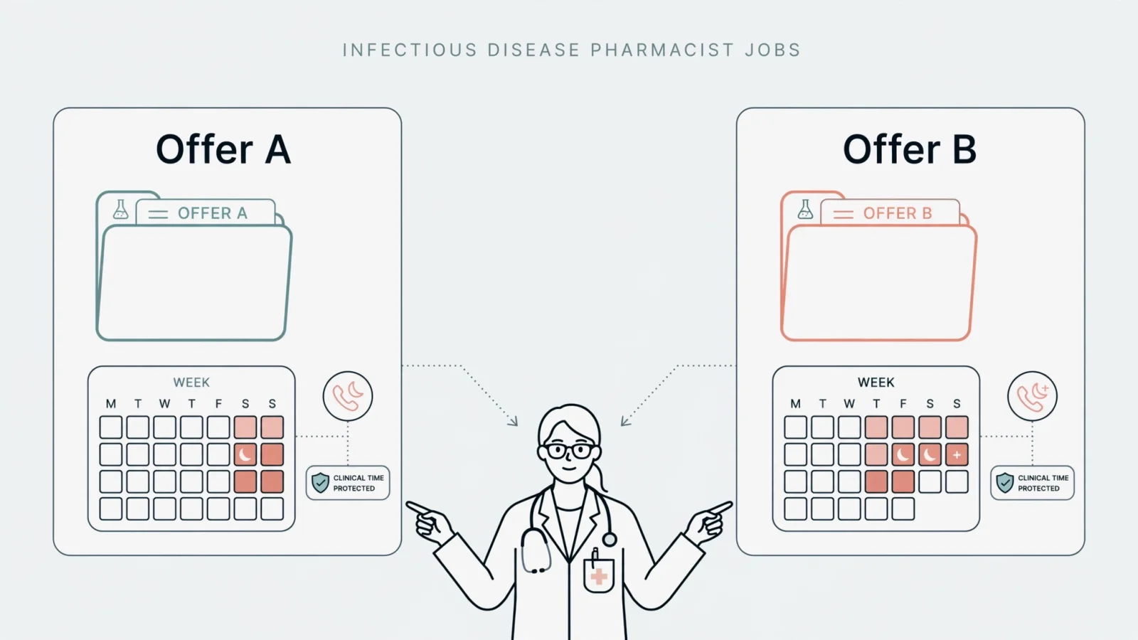 A pharmacist weighing two job offers beside a weekly calendar and an offer folder, making differences in weekends, call, and protected clinical time visible without readable text.