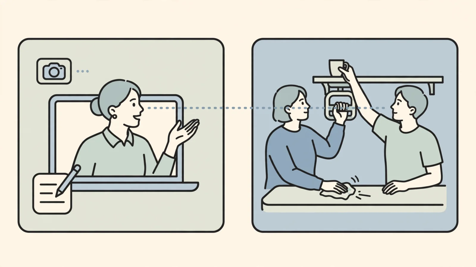 An occupational therapist guides an adult client through a familiar activity by video while a caregiver supports the setup, showing the practical and relational work behind a virtual session.