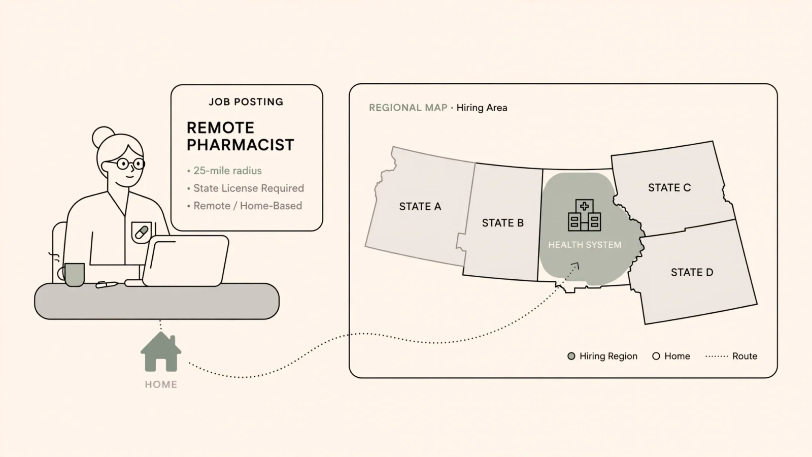 Opening visual: a pharmacist at a home desk checks a job posting beside a map with state boundaries and a nearby health-system site in the background, conveying that remote work can still be location-restricted or site-tied.