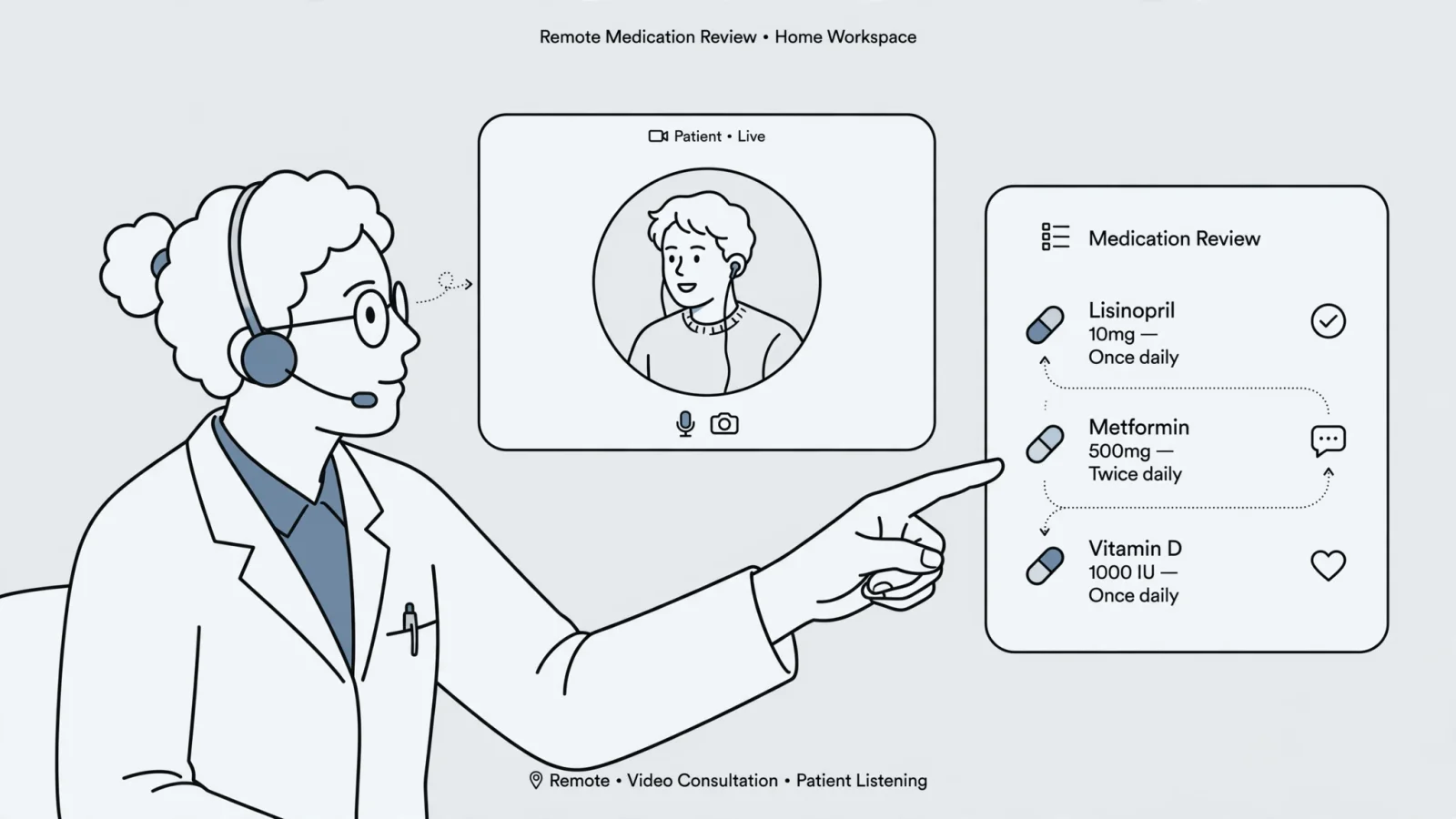 Role section visual: a pharmacist conducts a video medication review while consulting a medication list, showing the patient-facing side of remote pharmacy work.