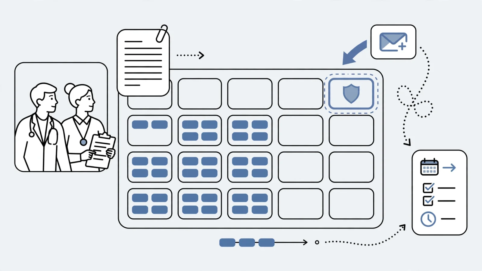 A wide editorial scene of a physician and practice leader reviewing a weekly schedule and employment agreement, with one calendar block kept clear while an overflow request is redirected to a rescheduling plan.