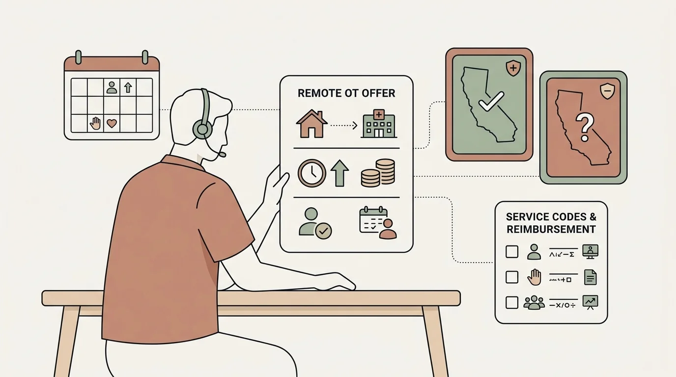 A clinician reviewing a remote OT offer at a desk with a calendar, headset, and notes about caseload and compensation, showing the workload trade-offs behind a remote role.