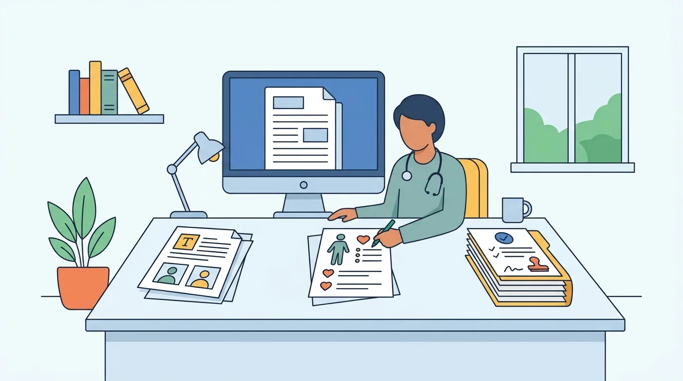 A clinician at a home workstation reviews a manuscript, patient handout, and regulatory document, showing the range of remote medical writing rather than a generic laptop scene.