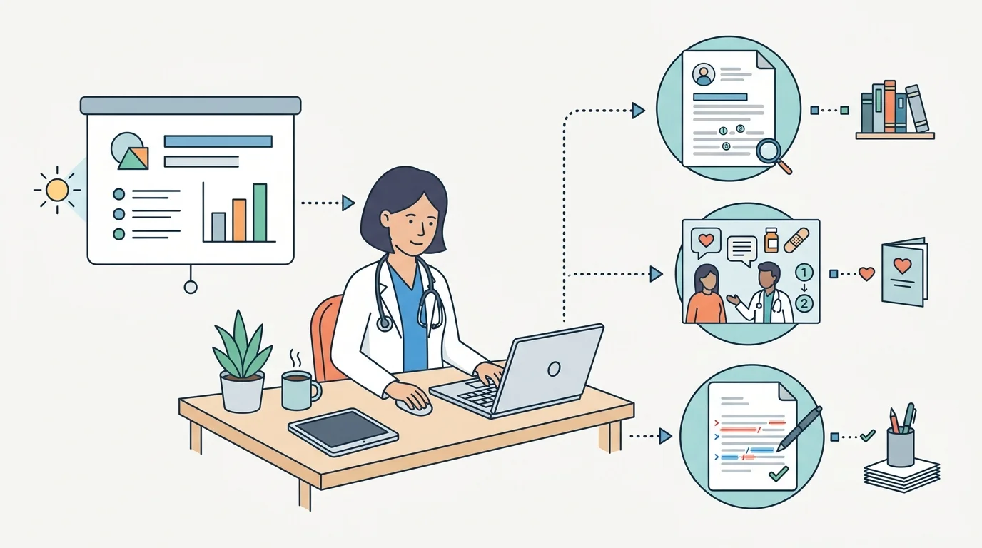 A physician converts a research presentation into a cited article, a plain-language patient guide, and an edited manuscript, illustrating how clinical experience becomes a portfolio.