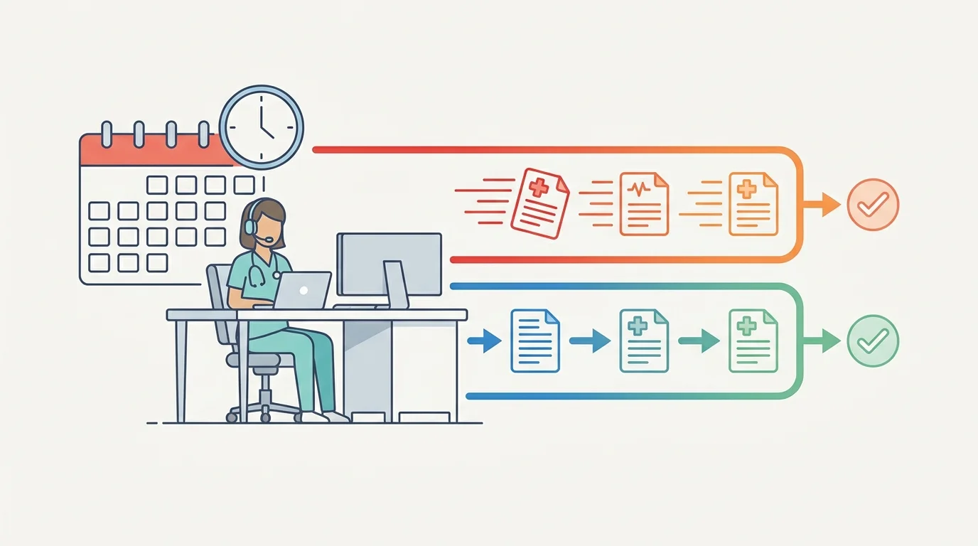 For the turnaround section: A remote nurse works beside a calendar and clock as urgent and standard authorization requests move through separate lanes, with no text.