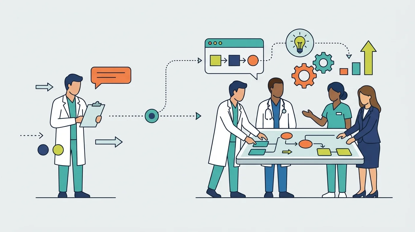 For the definition and skills sections, show a physician moving from reviewing a patient chart to helping a hospital team solve a workflow problem; request no text.