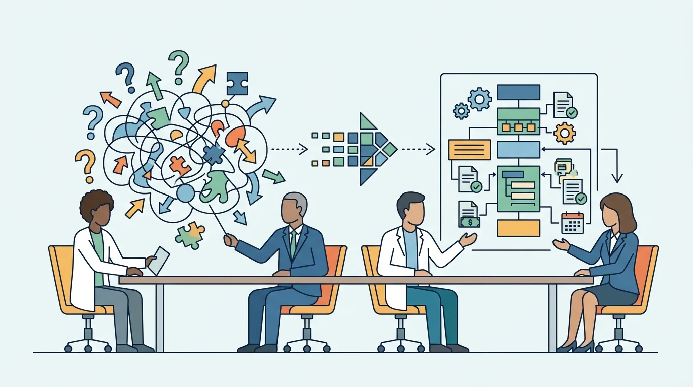 For the project-structure section, show a physician consultant and hospital leaders turning a messy operational problem into a clearly bounded deliverable at a conference table; request no text.