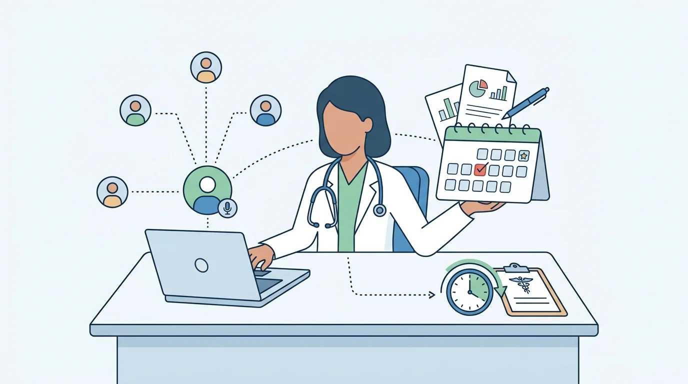 For the stability and schedule section, show a clinician balancing a remote client meeting, protected clinical shifts, and a deadline on a desk calendar; request no text.