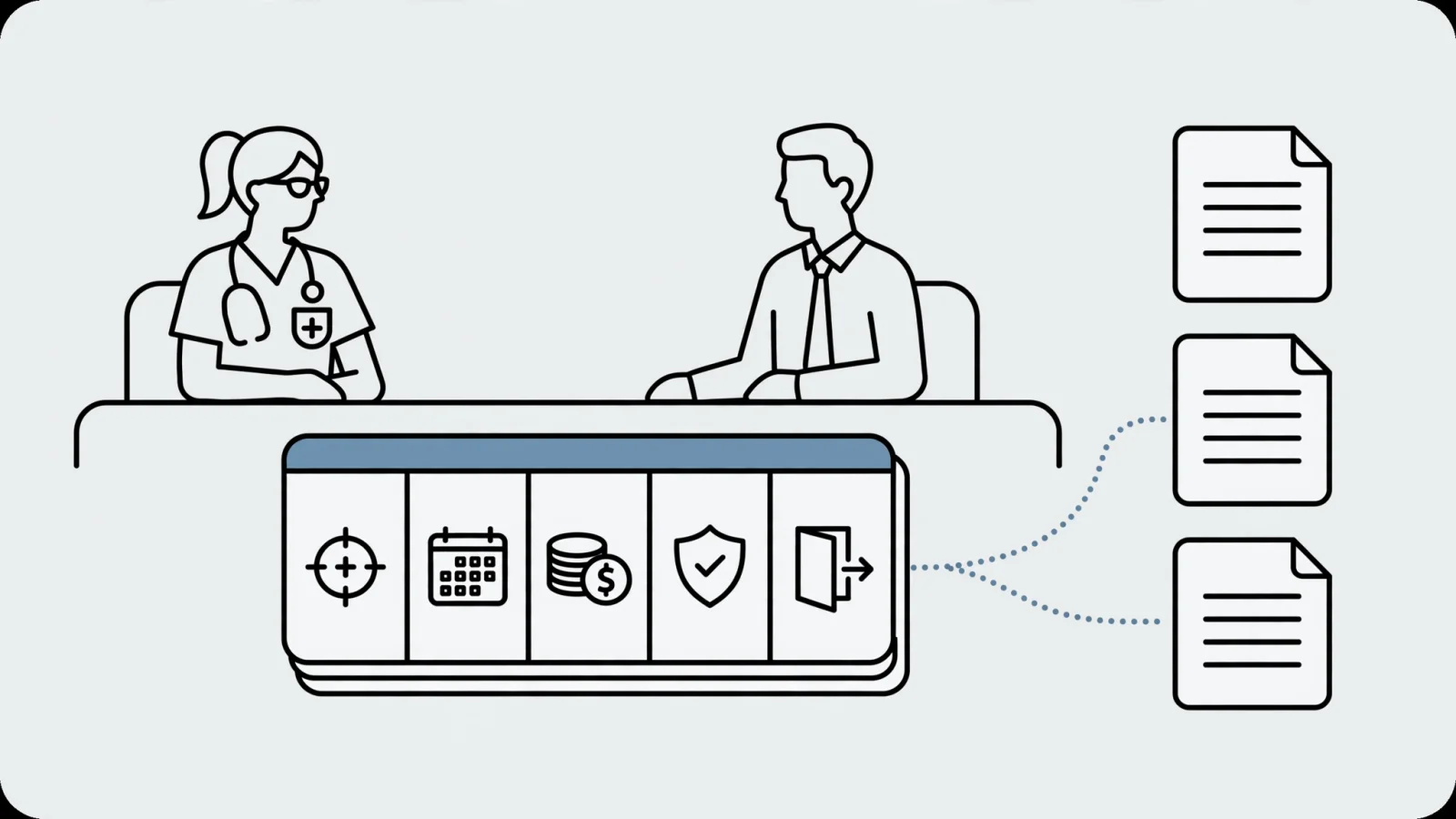 An NP and hiring manager sit across a desk with a contract packet separated into scope, schedule, compensation, malpractice, and termination sections; no text.