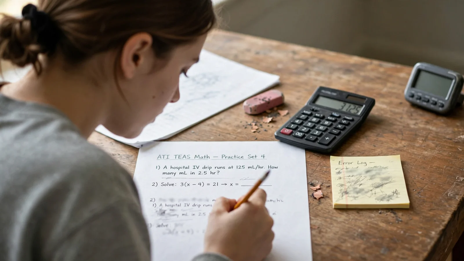 For the opening diagnostic, show a U.S. nursing-school applicant working through a timed math practice set beside an on-screen four-function calculator and a handwritten error log, with no readable text.