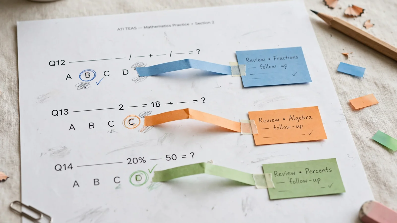 For the distractor-analysis section, show a practice question branching into several different colored paths, each leading from a distinct wrong answer to a focused follow-up exercise, with no readable text.