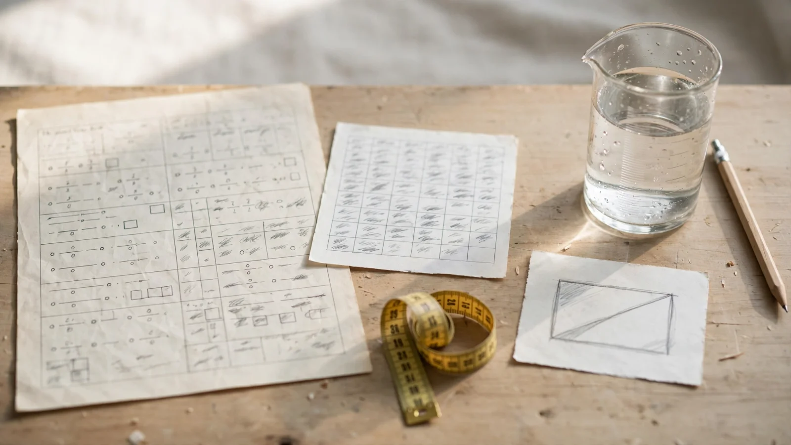 For the domain overview, show a calm study workspace combining a fraction sheet, a data table, a measuring tape, a rectangle diagram, and a metric measuring vessel to represent the range of ATI TEAS math skills, with no readable text.