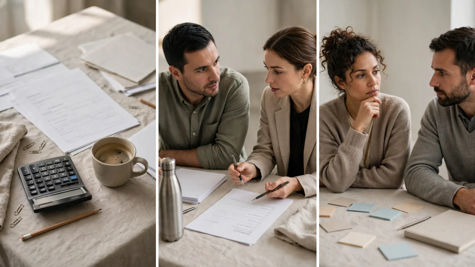 An editorial triptych shows compensation planning, a manager clarifying an incomplete request, and an HR professional weighing responses to a trust problem, distinguishing the three item types through context rather than labels.