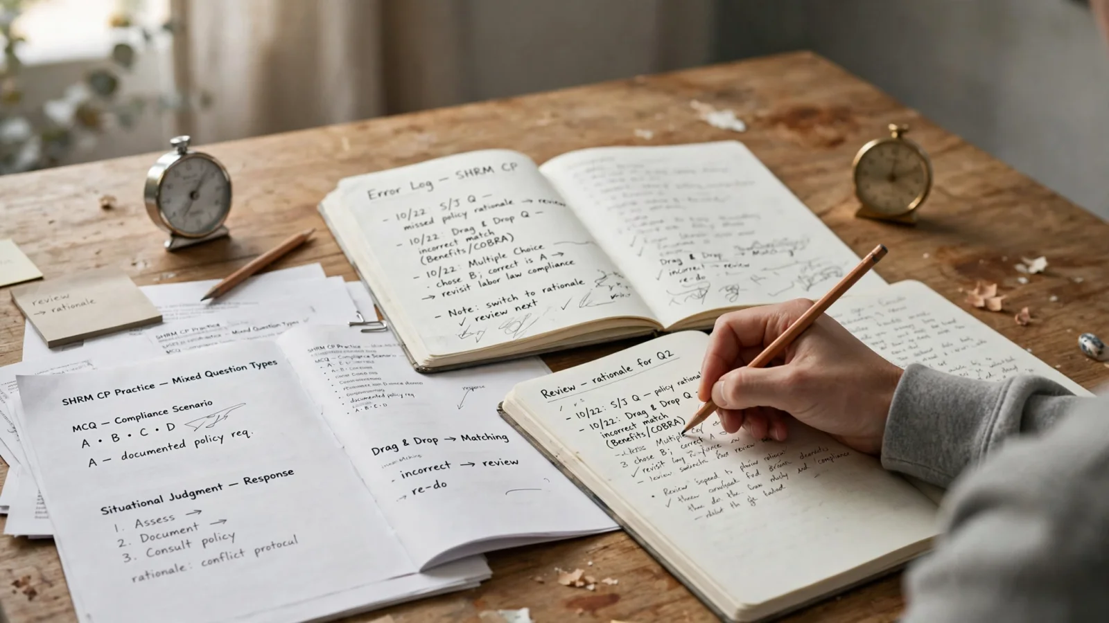 A candidate works through mixed practice questions beside two separate timers and a marked error log, showing independent exam sections and rationale-based review without readable text.
