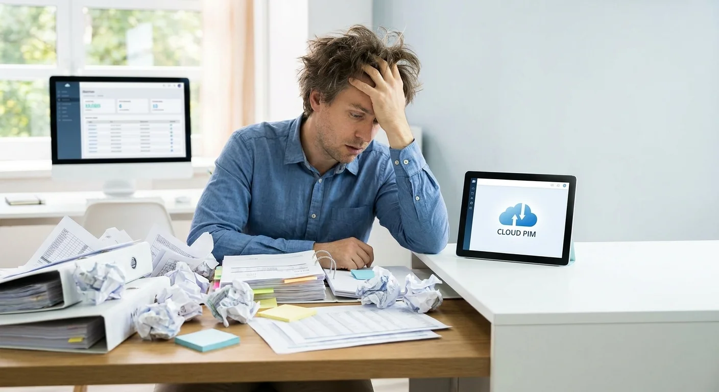 A frustrated eCommerce manager drowning in a chaotic sea of paper spreadsheets, contrasting with a sleek, glowing digital dashboard representing the clarity of the cloud.