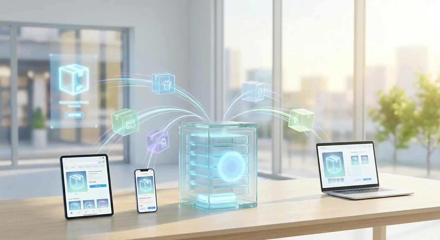 A glowing futuristic network showing a central hub distributing vibrant 3D product boxes instantly to various diverse storefronts and mobile screens.