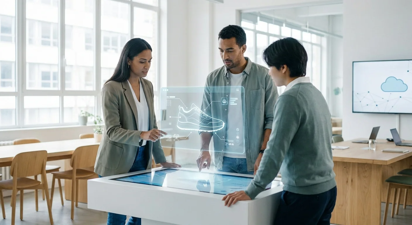 A modern, bright collaborative office where marketing, IT, and supply chain teams seamlessly review a hovering digital product model together on a large interactive table.